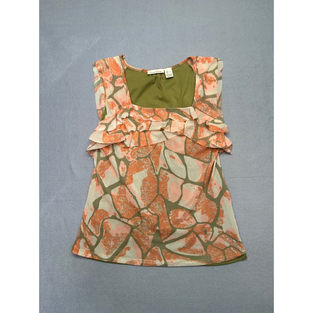 DKNY Jeans Y2K Mesh Ruffle Sleeveless Blouse Womens S Olive Green Coral Abstract
